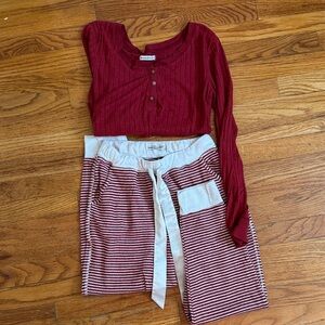 Abercrombie Red Ribbed Top and Striped Bottoms Pajama Set